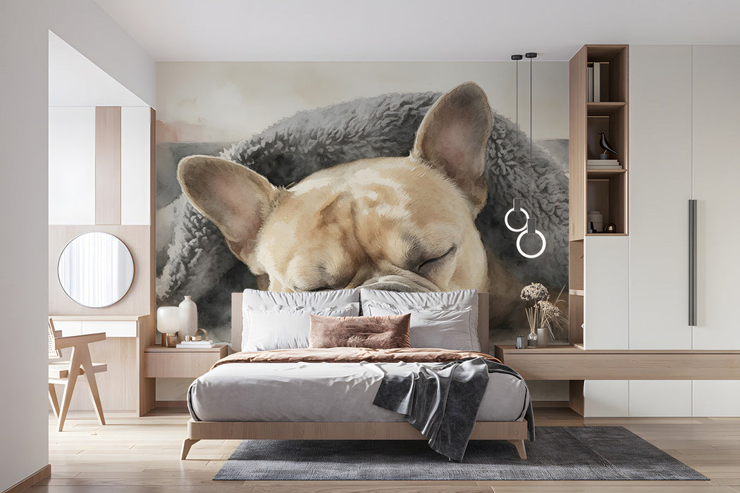 A cozy bedroom featuring a sleeping dog mural above a neutral wooden crib.