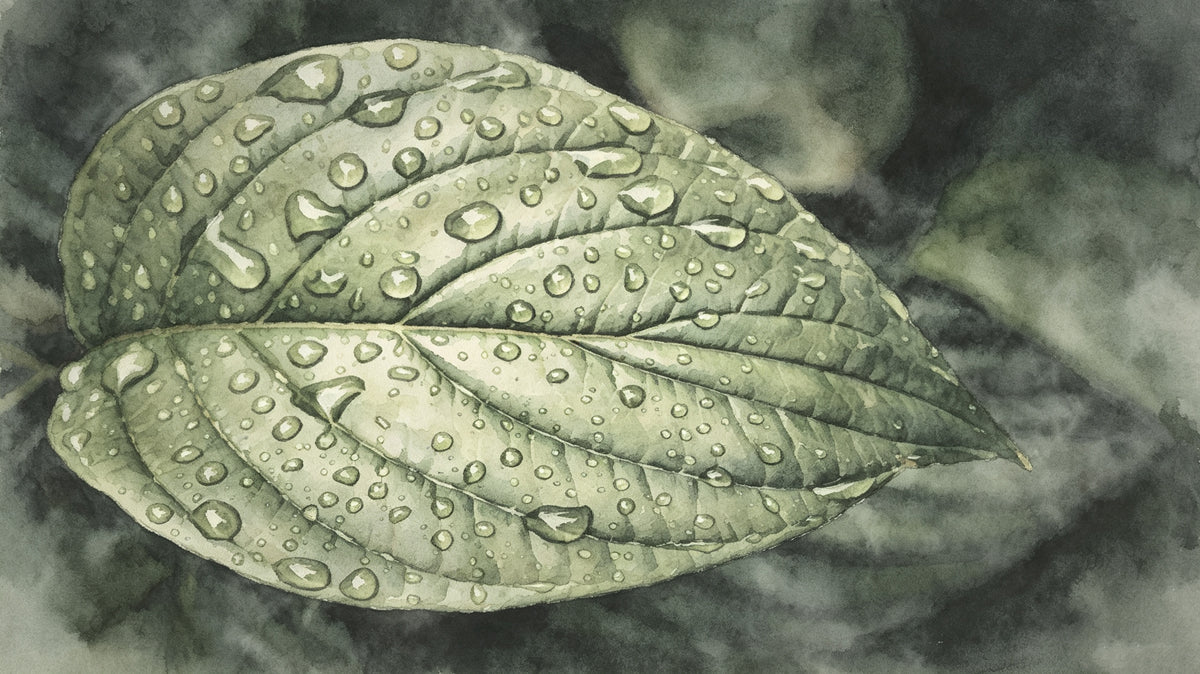 Macro watercolor painting of a green leaf covered in realistic water droplets against a dark, moody background.