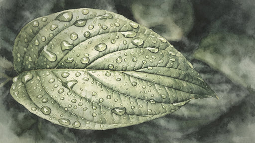 Macro watercolor painting of a green leaf covered in realistic water droplets against a dark, moody background.