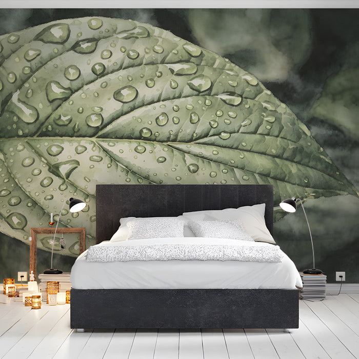 A quiet bedroom with a dark, atmospheric leaf wallpaper that brings a natural, rainy-day feel indoors.