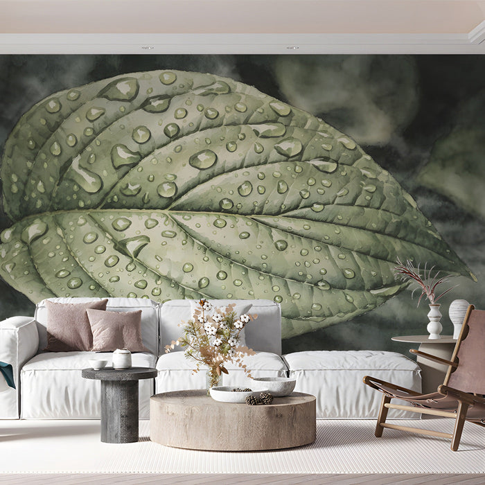 A serene living room featuring a large, dewy leaf mural on the wall behind a minimalist wooden bed frame.