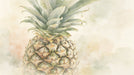 A detailed watercolor painting of a pineapple with muted green and ochre tones against a soft, misty background.