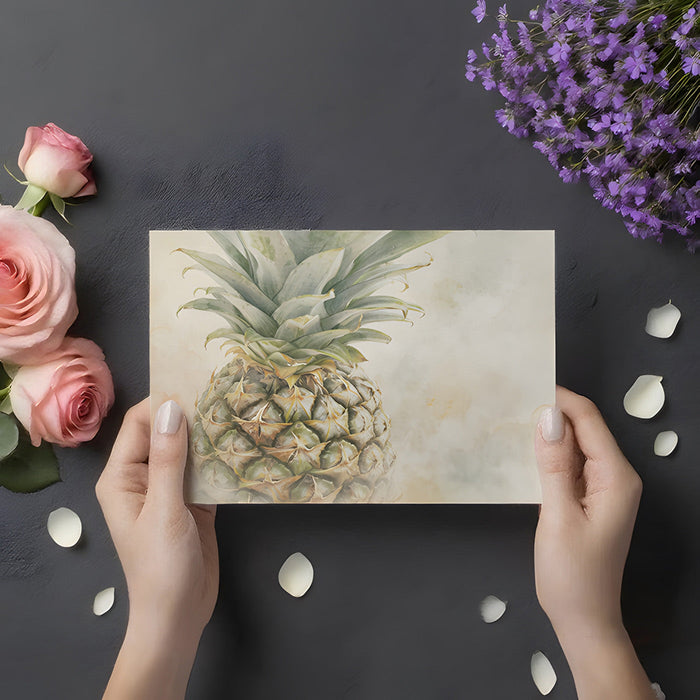 A light-filled breakfast nook styled with warm wood furniture and a pineapple watercolor wall mural.