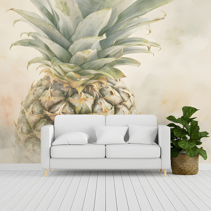 A minimalist entryway interior with a soft watercolor pineapple wall mural as a sophisticated artistic focal point.