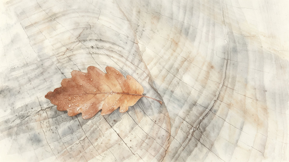 A soft watercolor mural featuring a single detailed amber oak leaf with dew drops resting on a pale wood grain background.