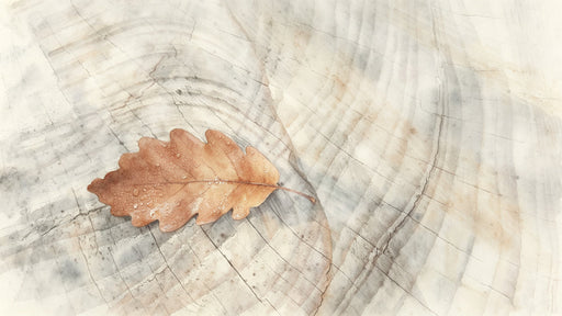 A soft watercolor mural featuring a single detailed amber oak leaf with dew drops resting on a pale wood grain background.