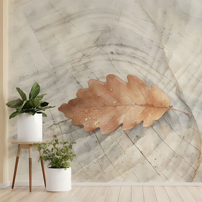 A serene entryway feature wall with a light oak leaf watercolor mural behind a neutral linen headboard.