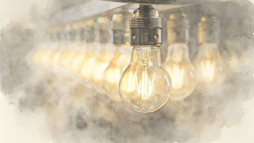 Watercolor mural of glowing vintage Edison light bulbs with charcoal gray background