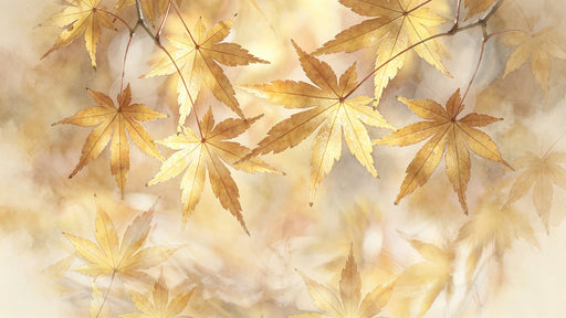 A soft-focus mural of golden maple leaves in shades of ochre and cream with a painterly impressionistic style.