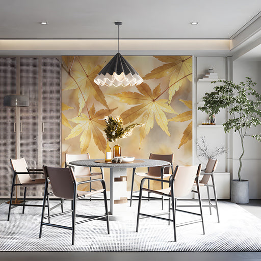A quiet dining room corner featuring golden maple leaves on the wall to provide a calm and natural atmosphere.