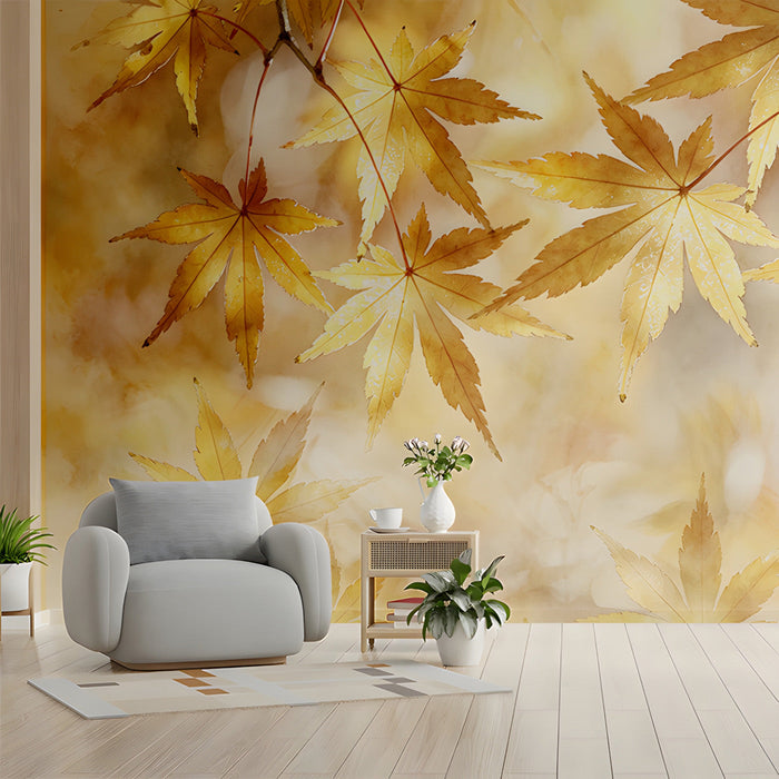 A cozy reading nook wall featuring an autumn maple leaf mural behind a beige upholstered headboard.