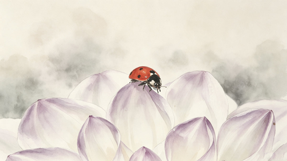 Watercolor painting of a bright ladybug resting on soft lavender and white flower petals against a hazy grey background.