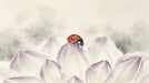Watercolor painting of a bright ladybug resting on soft lavender and white flower petals against a hazy grey background.