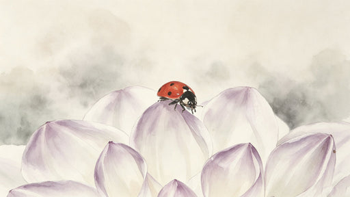 Watercolor painting of a bright ladybug resting on soft lavender and white flower petals against a hazy grey background.