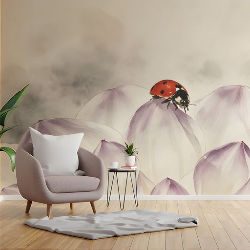 A bright study featuring the delicate ladybug flower wall mural behind a minimalist bed frame.
