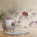 A bright study featuring the delicate ladybug flower wall mural behind a minimalist bed frame.