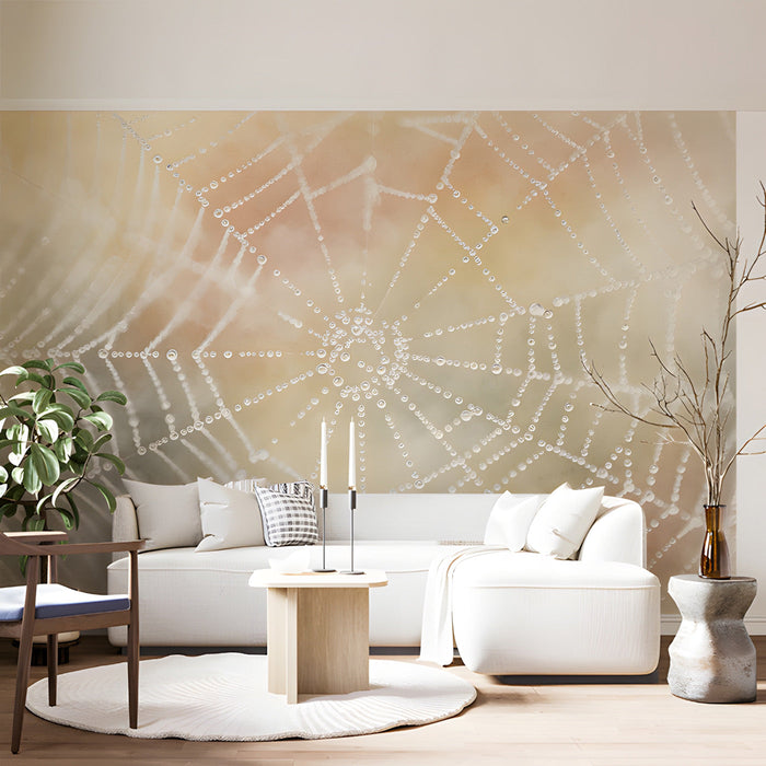A minimalist living room with the dewy web wallpaper acting as a subtle artistic backdrop for a wooden bookshelf.