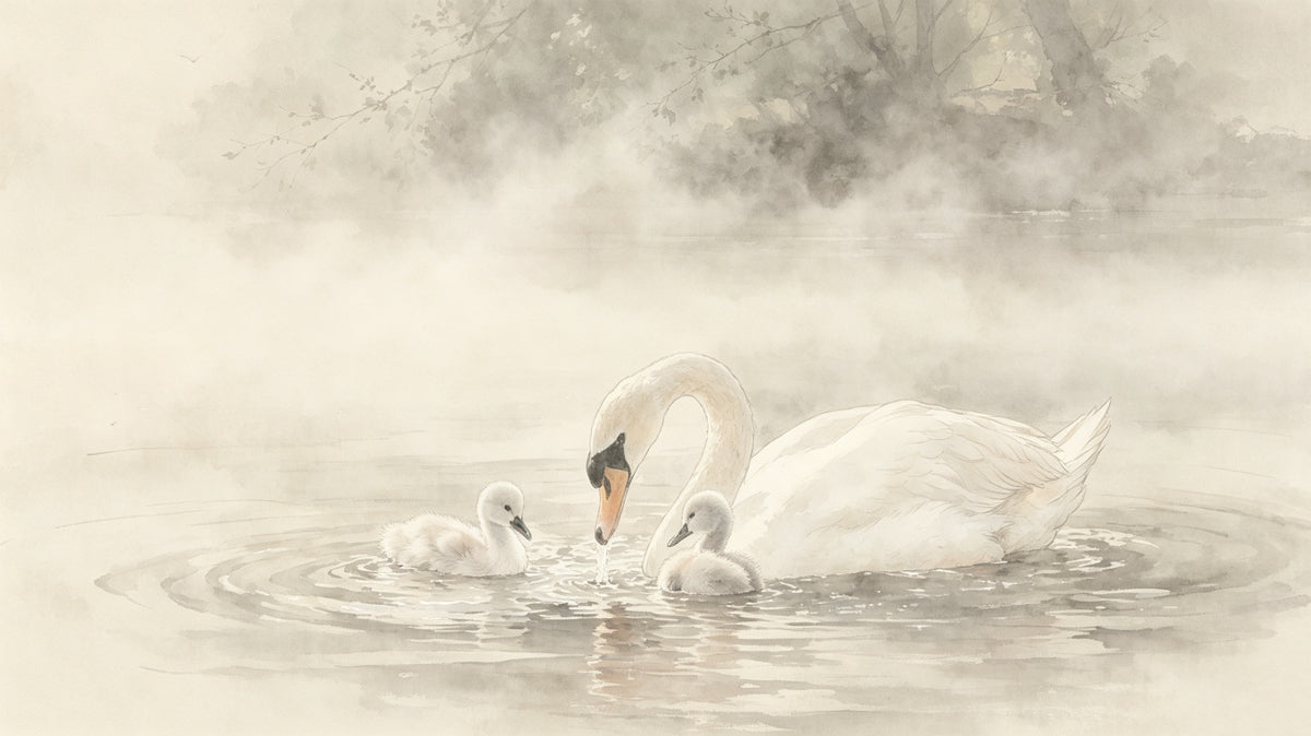 Watercolor style mural of a swan and two cygnets swimming in a misty, fog-covered lake in soft cream and taupe tones.