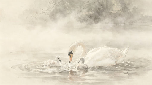Watercolor style mural of a swan and two cygnets swimming in a misty, fog-covered lake in soft cream and taupe tones.