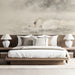 A bright, minimalist bedroom where the misty lake mural creates a peaceful and artistic entrance.