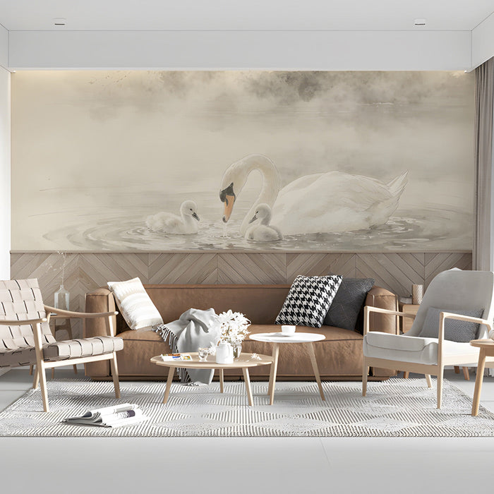 A serene living room setting featuring a swan mural on the headboard wall with linen bedding.