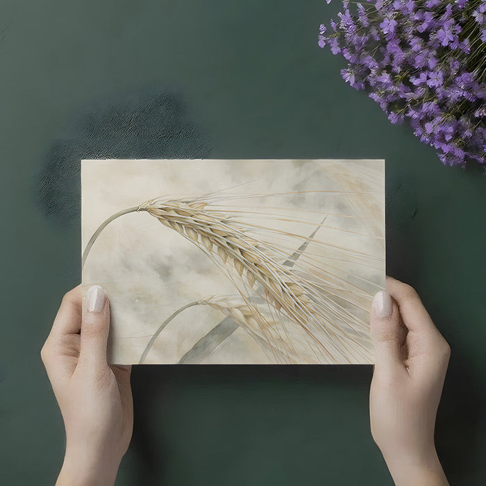 Bright dining room with a botanical barley grass wall mural backdrop