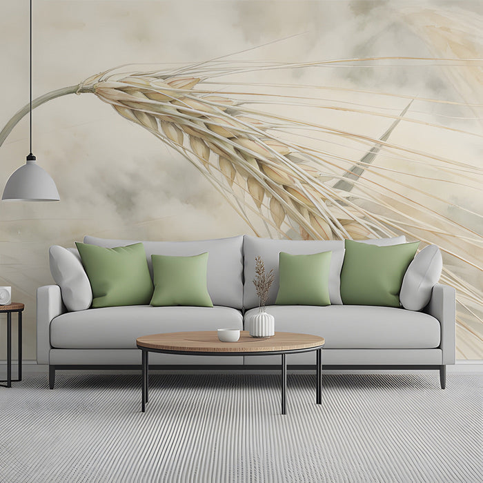 Living room interior featuring a soft golden barley watercolor wall mural
