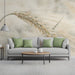 Living room interior featuring a soft golden barley watercolor wall mural