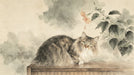 An ink-wash painting of a fluffy long-haired cat perched on a wooden ledge next to a flowering hibiscus branch.