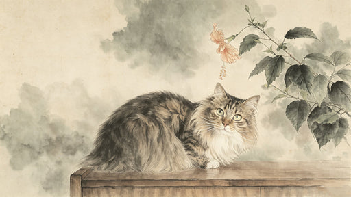 An ink-wash painting of a fluffy long-haired cat perched on a wooden ledge next to a flowering hibiscus branch.