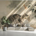 A quiet hallway featuring the nature-inspired cat illustration on a decorative feature wall.