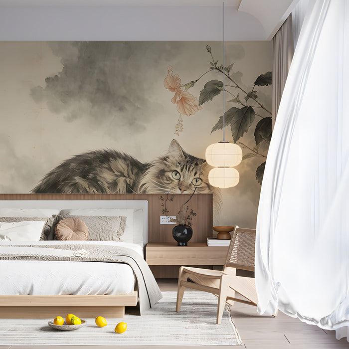 A cozy bed room featuring the cat and hibiscus mural on a main wall behind an armchair.