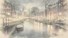 Watercolour ink wash mural of an Amsterdam canal at dusk with golden lamps and misty grey architecture.
