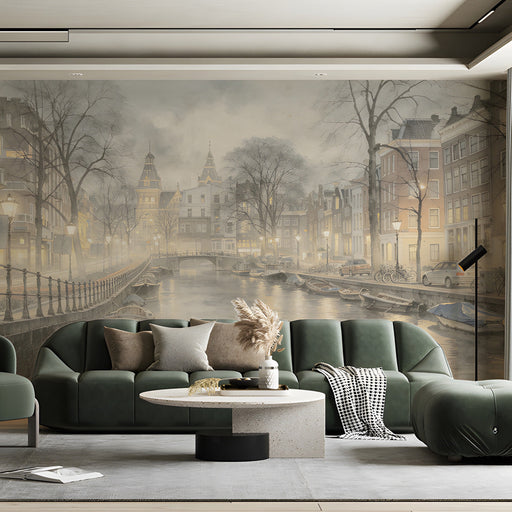 Atmospheric canal city wall mural in a sophisticated living room with neutral decor and soft textures.