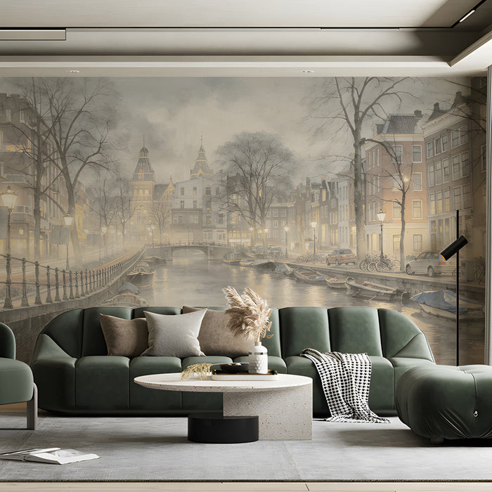 Atmospheric canal city wall mural in a sophisticated living room with neutral decor and soft textures.