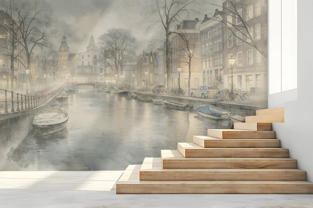 Amsterdam canal mural installed on the feature wall of a modern living room with grey velvet furniture.
