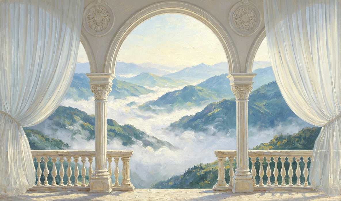 Oil painting style wallpaper showing a classical stone balcony with arches overlooking misty green mountains and forests.