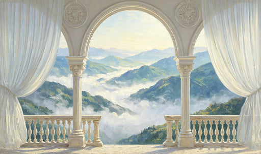 Oil painting style wallpaper showing a classical stone balcony with arches overlooking misty green mountains and forests.