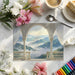 Bedroom wall decorated with a scenic mountain archway mural, creating the illusion of a balcony view.
