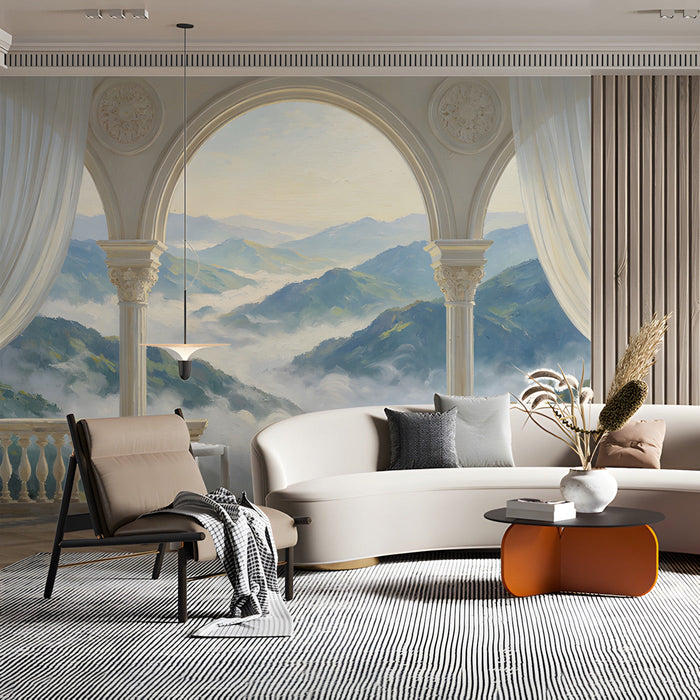 Living room setup with a classical terrace mural, adding an open-air feel to the indoor space.