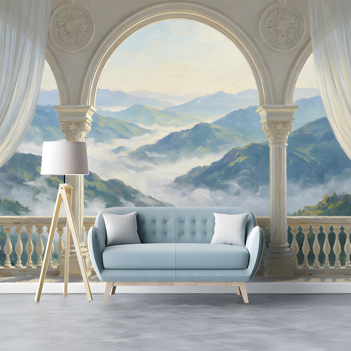 Living room interior featuring an expansive mountain terrace mural behind a modern velvet sofa.