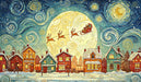 A Christmas village scene with a Santa sleigh in a starry, swirling blue night sky with a large yellow moon.