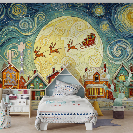 A warm bedroom space with a Christmas-themed mural wallpaper as a decorative, artistic focal point.