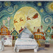 A warm bedroom space with a Christmas-themed mural wallpaper as a decorative, artistic focal point.