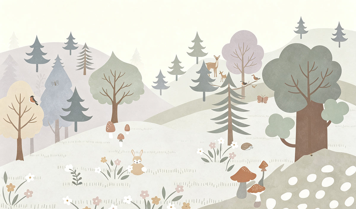 Whimsical forest pattern with deer, rabbits, and mushrooms in sage, lavender, and oatmeal colors.