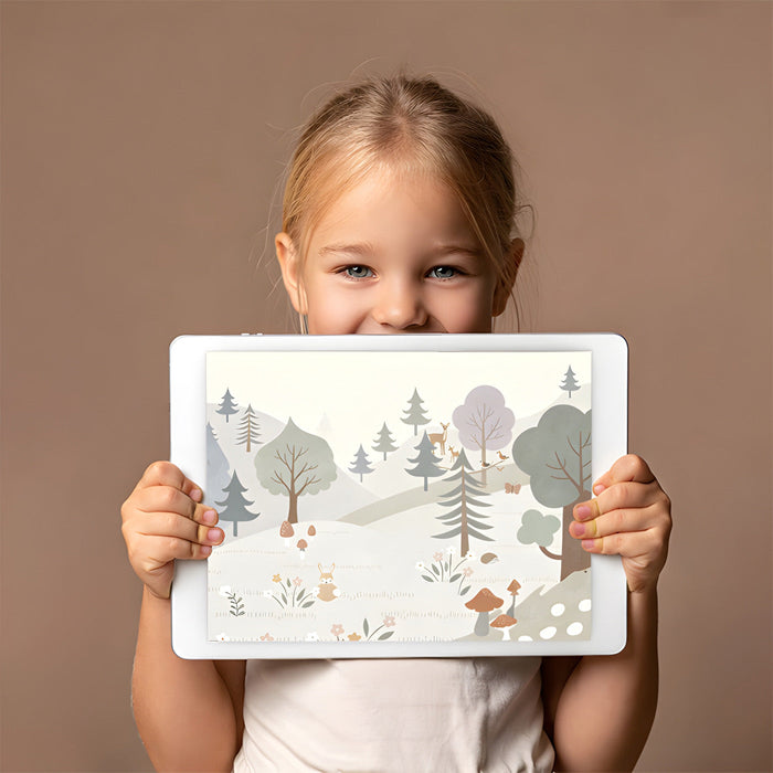Pastel forest landscape wallpaper featured in a cozy child’s bedroom with minimalist decor.