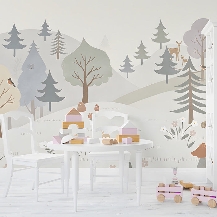Charming nature wall mural in a bright playroom filled with soft textures and pillows.