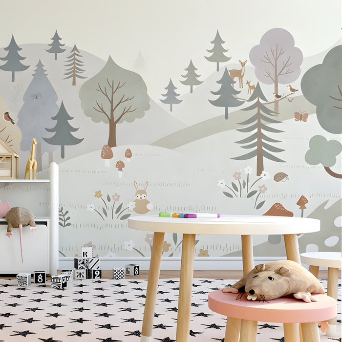 Soft woodland mural installed in a peaceful nursery with a white crib and light wood furniture.