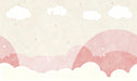 A soft pink and cream mural wallpaper featuring simple clouds, stylized rain showers, and scattered stars in a painterly style.