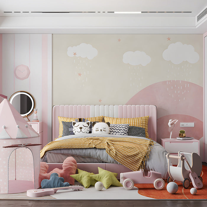 A calming bedroom featuring a star and cloud mural wallpaper behind a white wooden crib.